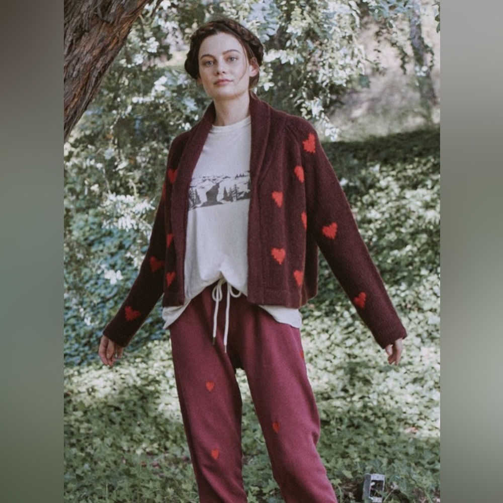THE GREAT. Burgundy Heart Patterned Cardigan